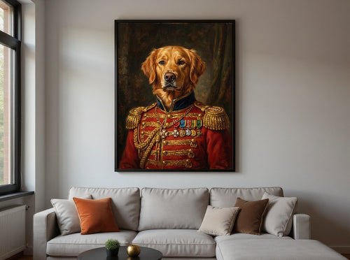 The General — 18x24 poster framed above the sofa